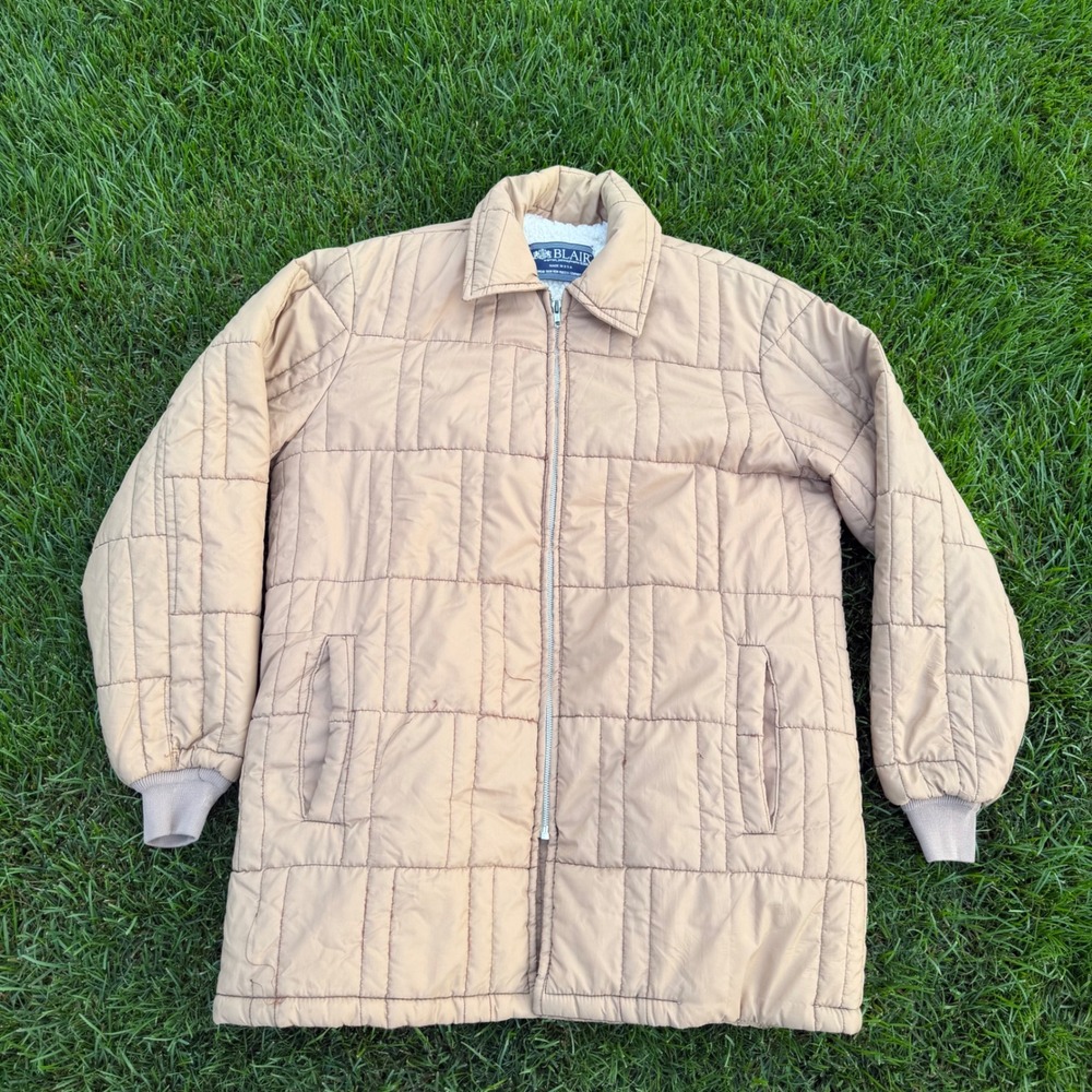 Vintage Blair Quilted Jacket Mens Tan Beige Sherpa Lined Zip Up Coat Made in USA